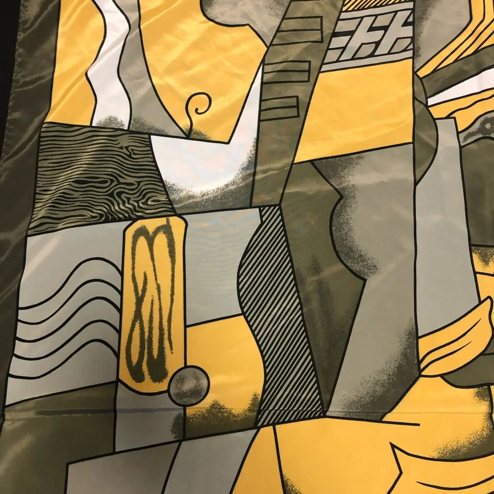 Picasso Design 100% Silk Scarf - Gold Green/Grey Black Geometric Abstract Modern